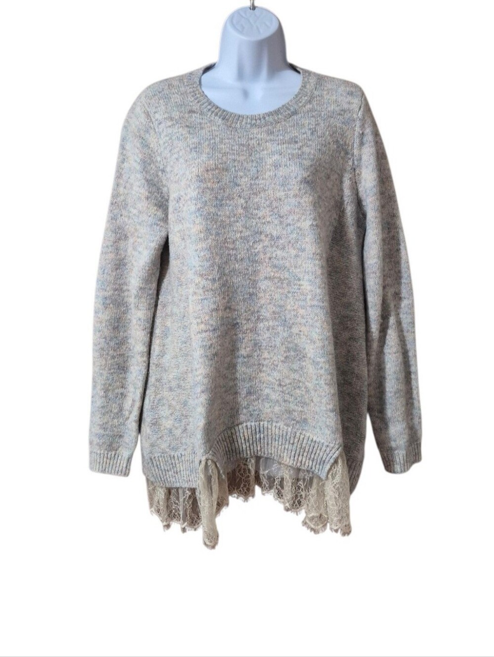 LOGO Lori Goldstein Vintage Lace Hem Crewneck Sweater Marled Soft Comfy Med. EUC